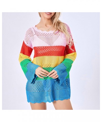 Women Crochet Knit Mini Dress Long Sleeve Colorful Mesh Cover Ups Casual Sweater Dress 2022 Summer Beach Wear C2- Colorful $1...