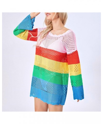 Women Crochet Knit Mini Dress Long Sleeve Colorful Mesh Cover Ups Casual Sweater Dress 2022 Summer Beach Wear C2- Colorful $1...