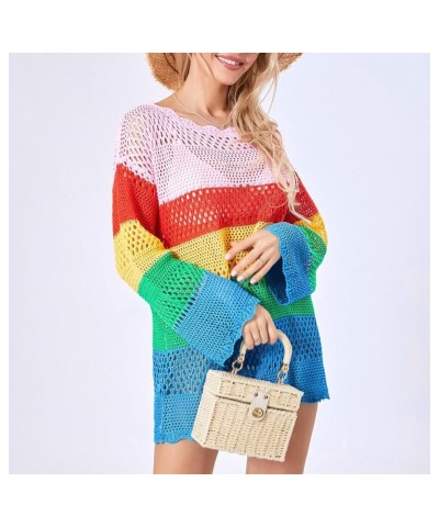 Women Crochet Knit Mini Dress Long Sleeve Colorful Mesh Cover Ups Casual Sweater Dress 2022 Summer Beach Wear C2- Colorful $1...