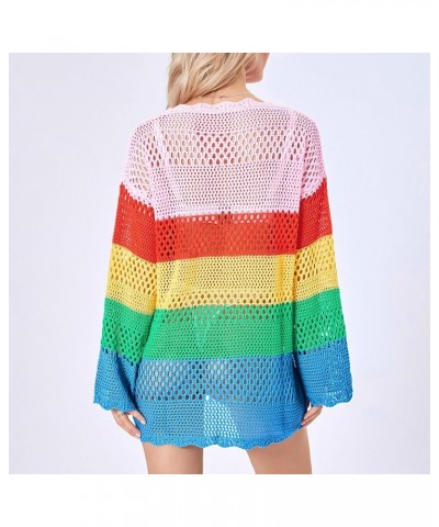 Women Crochet Knit Mini Dress Long Sleeve Colorful Mesh Cover Ups Casual Sweater Dress 2022 Summer Beach Wear C2- Colorful $1...