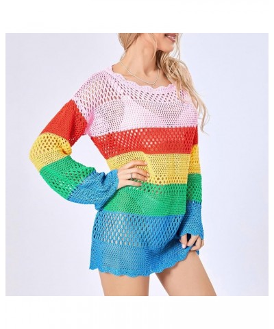 Women Crochet Knit Mini Dress Long Sleeve Colorful Mesh Cover Ups Casual Sweater Dress 2022 Summer Beach Wear C2- Colorful $1...