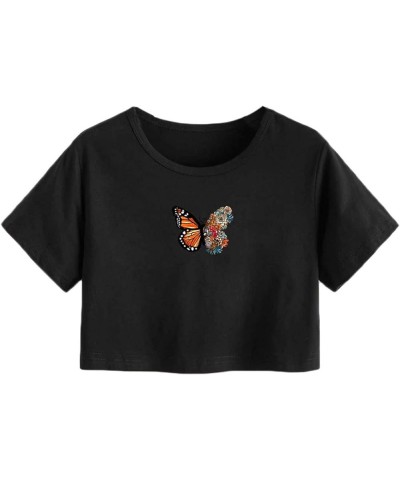 Women's Embroidered Crop Top Short Sleeve T Shirt Butterfly Black $14.99 T-Shirts