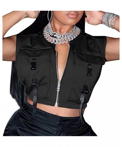 Women's Sleeveless Crop Vest Buckle Zip Up Jacket Cargo Tops with Pockets Black $15.14 Vests