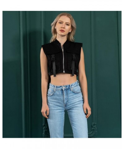 Women's Sleeveless Crop Vest Buckle Zip Up Jacket Cargo Tops with Pockets Black $15.14 Vests