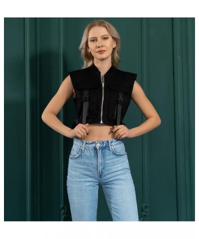 Women's Sleeveless Crop Vest Buckle Zip Up Jacket Cargo Tops with Pockets Black $15.14 Vests