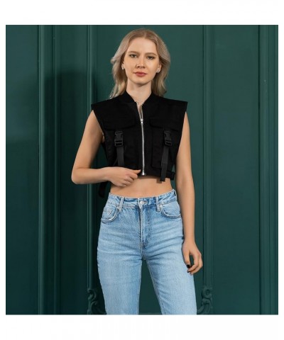 Women's Sleeveless Crop Vest Buckle Zip Up Jacket Cargo Tops with Pockets Black $15.14 Vests