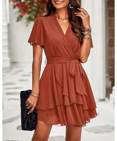 Women 2023 Fashion Faux Wrap V-Neck Dresses Short Sleeve High Waist Belt Swing Ruffle Hem Aline Summer Short Dress Z-brick Re...