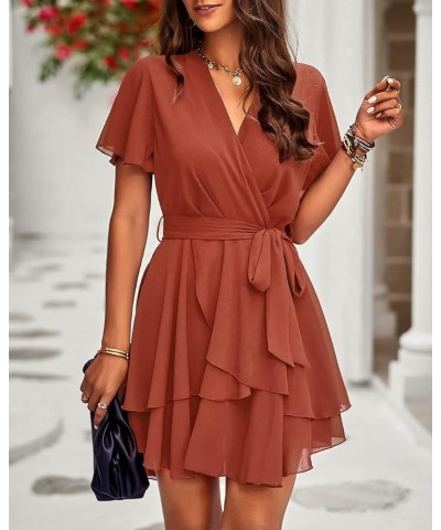 Women 2023 Fashion Faux Wrap V-Neck Dresses Short Sleeve High Waist Belt Swing Ruffle Hem Aline Summer Short Dress Z-brick Re...