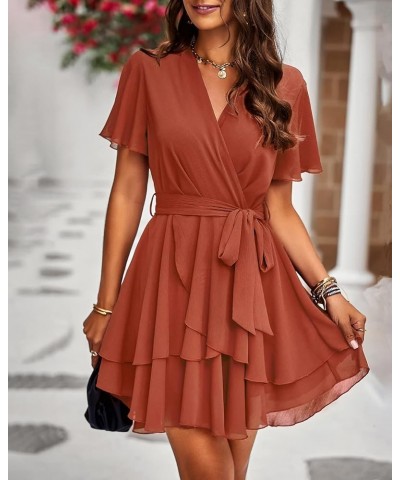 Women 2023 Fashion Faux Wrap V-Neck Dresses Short Sleeve High Waist Belt Swing Ruffle Hem Aline Summer Short Dress Z-brick Re...