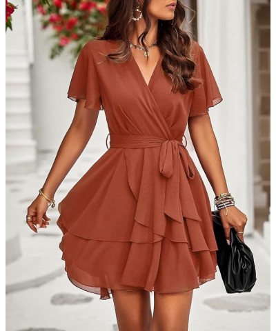 Women 2023 Fashion Faux Wrap V-Neck Dresses Short Sleeve High Waist Belt Swing Ruffle Hem Aline Summer Short Dress Z-brick Re...