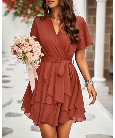 Women 2023 Fashion Faux Wrap V-Neck Dresses Short Sleeve High Waist Belt Swing Ruffle Hem Aline Summer Short Dress Z-brick Re...