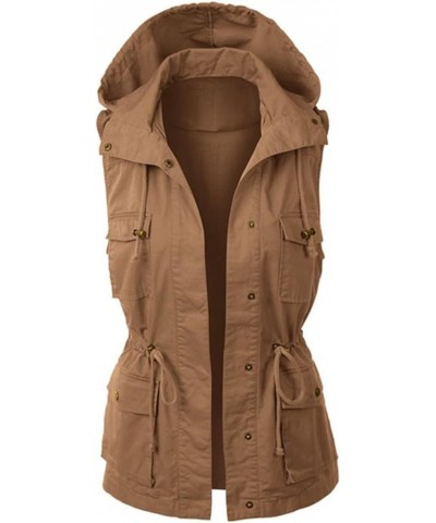 Womens Hooded Vest Jacke Casual Military Utility Sleeveless Drawstring Lightweight Hoodies Jacket with Pockets Brown $14.49 J...