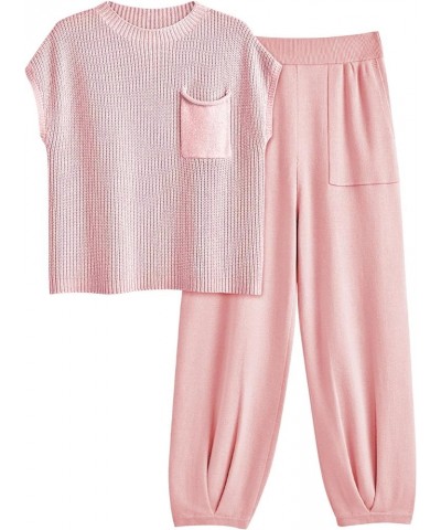 2 Piece Outfits For Women Trendy Lounge Sets Cozy Knit Sweater Short Sleeve Fashion Loungewear Set Pink $23.46 Activewear