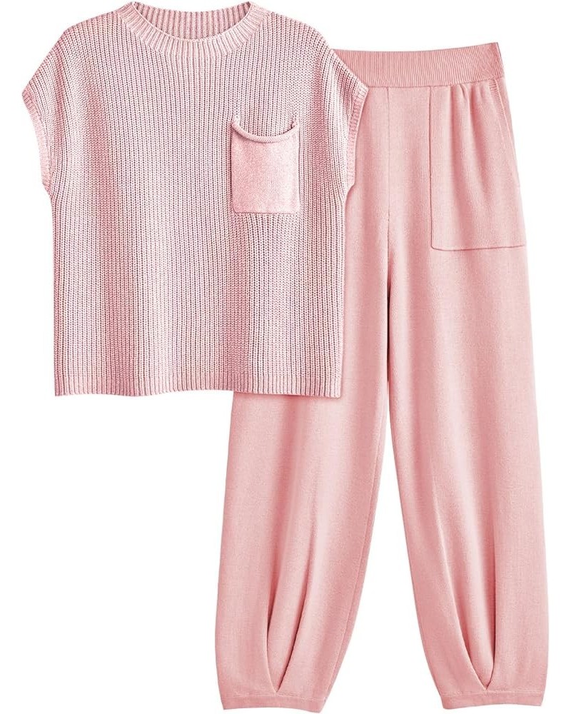 2 Piece Outfits For Women Trendy Lounge Sets Cozy Knit Sweater Short Sleeve Fashion Loungewear Set Pink $23.46 Activewear