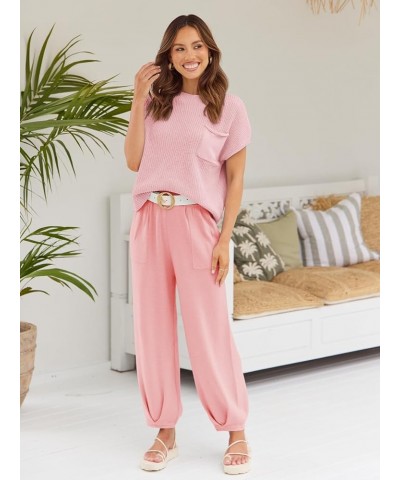 2 Piece Outfits For Women Trendy Lounge Sets Cozy Knit Sweater Short Sleeve Fashion Loungewear Set Pink $23.46 Activewear