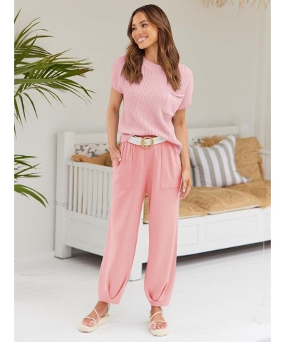 2 Piece Outfits For Women Trendy Lounge Sets Cozy Knit Sweater Short Sleeve Fashion Loungewear Set Pink $23.46 Activewear