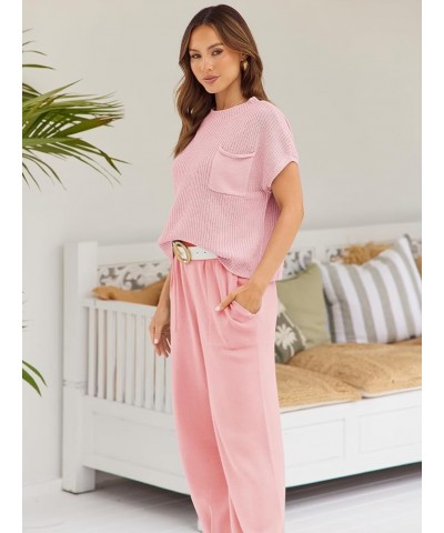 2 Piece Outfits For Women Trendy Lounge Sets Cozy Knit Sweater Short Sleeve Fashion Loungewear Set Pink $23.46 Activewear