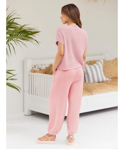 2 Piece Outfits For Women Trendy Lounge Sets Cozy Knit Sweater Short Sleeve Fashion Loungewear Set Pink $23.46 Activewear