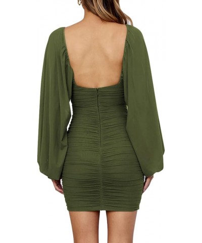 Women's Ruched V Neck Bodycon Dress Lantern Long Sleeve Mesh Backless Mini Dresses Army Green $26.78 Dresses