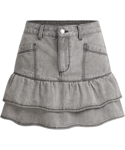 Women's Y2K Ruffle Hem High Waist Short A Line Flared Denim Skirt Grey $10.99 Skirts