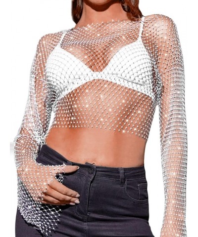 Women's Rhinestone Body Chains Long Sleeve Crop Tops Crystal See Through Mesh Diamond Fishnet Shirts Outfits White, Long Slee...