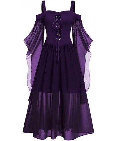 Off The Shoulder Dress, Womne Plus Size Cold Shoulder Butterfly Sleeve Lace Up Halloween Gothic Dress, L-5XL Purple $8.63 Dre...