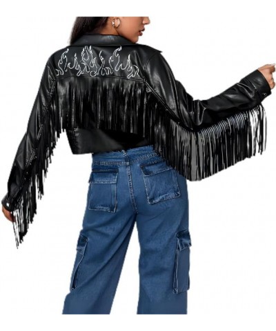 Womens Leather Fringe Jacket Fire Print Button Front Crop Casual PU Blazer with Pocket Black Multi $26.00 Coats