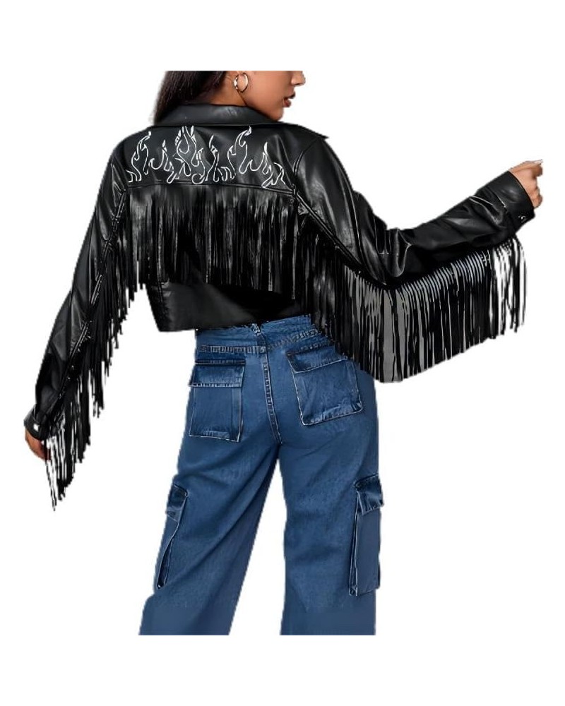 Womens Leather Fringe Jacket Fire Print Button Front Crop Casual PU Blazer with Pocket Black Multi $26.00 Coats