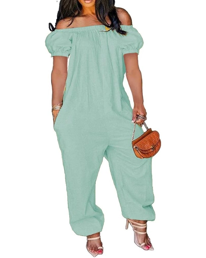 Solid Off the Shoulder Short-Sleeved Jumpsuits for Women Casual Loose Wide Leg Romper Light Green $18.01 Jumpsuits