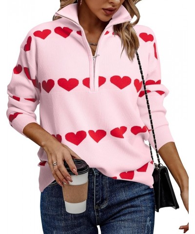 Love Heart Sweater Quarter Zip Sweater Women V Neck Valentines Pullover Sweatshirt Ribbed Knitted Loose Slouchy Tops Pink $24...