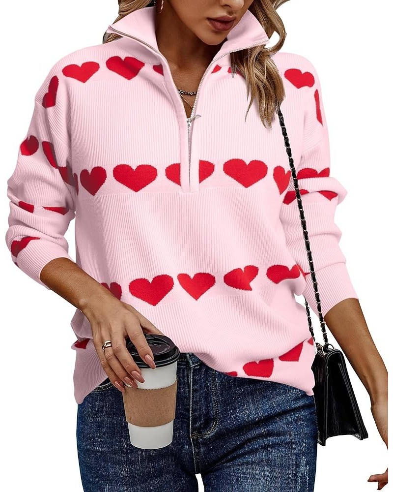 Love Heart Sweater Quarter Zip Sweater Women V Neck Valentines Pullover Sweatshirt Ribbed Knitted Loose Slouchy Tops Pink $24...