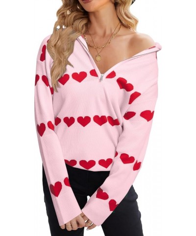 Love Heart Sweater Quarter Zip Sweater Women V Neck Valentines Pullover Sweatshirt Ribbed Knitted Loose Slouchy Tops Pink $24...