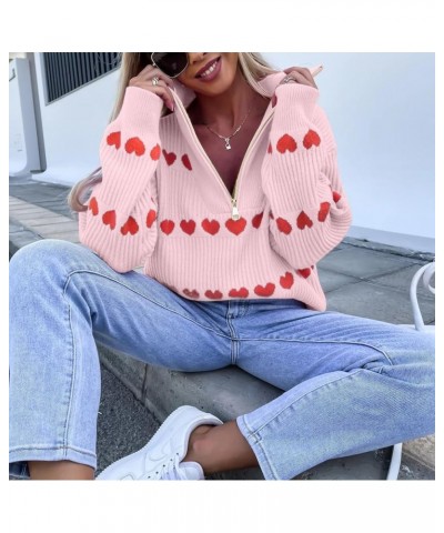 Love Heart Sweater Quarter Zip Sweater Women V Neck Valentines Pullover Sweatshirt Ribbed Knitted Loose Slouchy Tops Pink $24...