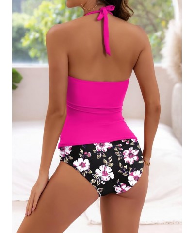 Halter Tankini Swimsuit for Women Tummy Control Two Piece Bathing Suit V Neck Swimwear with Shorts Hot Pink, Print $20.24 Swi...