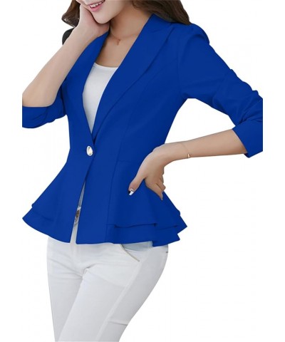 Womens Solid Color 3/4 Sleeve Blazers with Single Button Ruffle Hem Jackets Tunic Slim Fit Office Tops Blue $15.11 Blazers