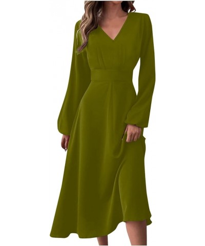 Spring Dresses for Women 2024 Prom Dresses Summer Casual Fashion V-Neck Solid Color Wedding Long Sleeve Formal Dress 1-army G...