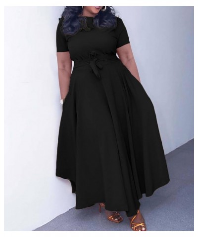 Women's Casual Round Neck 3/4 Long Sleeve Maxi Dress A-Line Self Tie High Waist Flare Pleated Swing Long Dresses Short Sleeve...