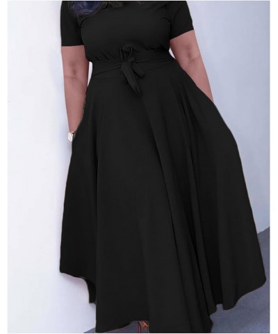 Women's Casual Round Neck 3/4 Long Sleeve Maxi Dress A-Line Self Tie High Waist Flare Pleated Swing Long Dresses Short Sleeve...