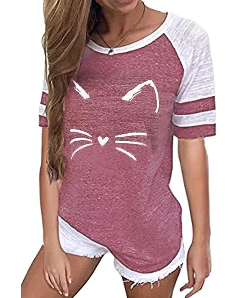 Women's Color Block Cat Print Sweatshirt Short Sleeve T Shirt Casual Top 01burgundy $12.95 Hoodies & Sweatshirts