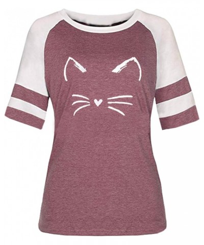 Women's Color Block Cat Print Sweatshirt Short Sleeve T Shirt Casual Top 01burgundy $12.95 Hoodies & Sweatshirts