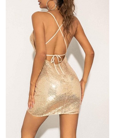 Sequin Sexy Bodycon Dress Spaghetti Sparky Mini Dress Ruched Club Cami Dress Tie up Backless Short Dress Party Outfit Champag...