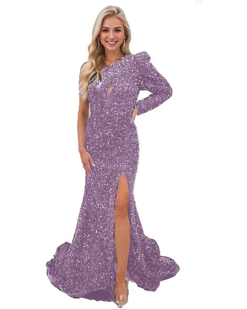 One Shoulder Mermaid Sequin Prom Dress with Slit Long Sleeve Cutout Formal Gown for Women Wisteria $26.00 Dresses