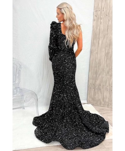 One Shoulder Mermaid Sequin Prom Dress with Slit Long Sleeve Cutout Formal Gown for Women Wisteria $26.00 Dresses