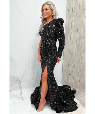 One Shoulder Mermaid Sequin Prom Dress with Slit Long Sleeve Cutout Formal Gown for Women Wisteria $26.00 Dresses