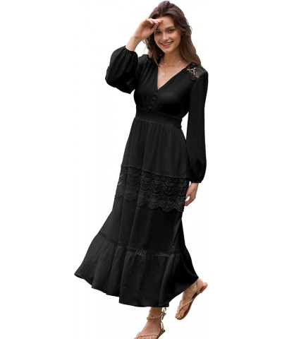 Long Sleeve Maxi Dress for Women V Neck Lace Boho Dress Flowy Fall Wedding Guest Dresses with Pockets Black $28.59 Dresses