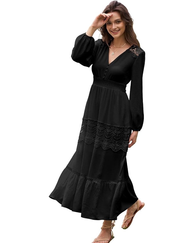 Long Sleeve Maxi Dress for Women V Neck Lace Boho Dress Flowy Fall Wedding Guest Dresses with Pockets Black $28.59 Dresses