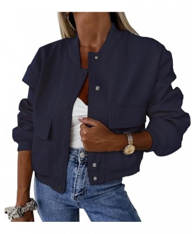 Women's Spring Bomber Jacket Long Sleeve Button Down Casual Jackets Outerwear Windbreaker with Pockets Navy $10.75 Jackets