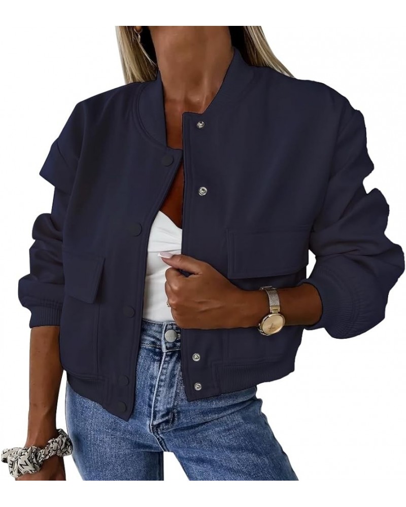 Women's Spring Bomber Jacket Long Sleeve Button Down Casual Jackets Outerwear Windbreaker with Pockets Navy $10.75 Jackets