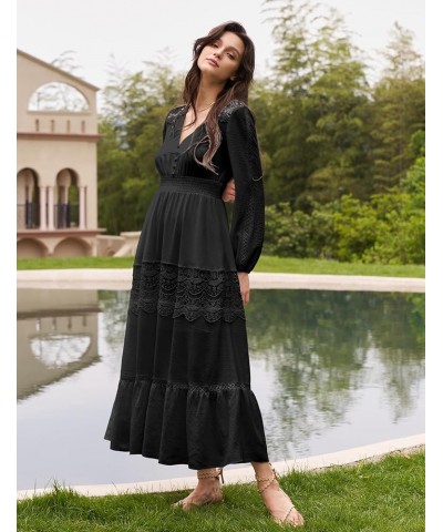 Long Sleeve Maxi Dress for Women V Neck Lace Boho Dress Flowy Fall Wedding Guest Dresses with Pockets Black $28.59 Dresses