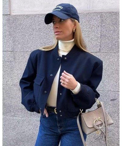 Women's Spring Bomber Jacket Long Sleeve Button Down Casual Jackets Outerwear Windbreaker with Pockets Navy $10.75 Jackets